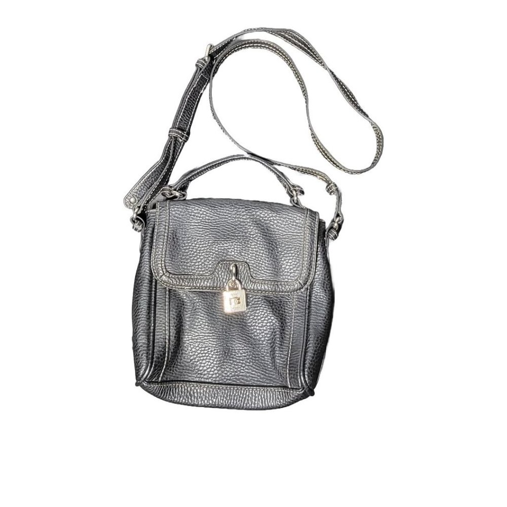 Chaps Womens Black Faux‎ Leather Crossbody Purse with Silver Hardware and Lock